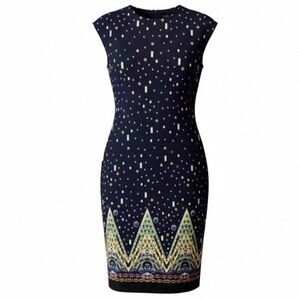 MARIO SERRANI Jewel Print Sleeveless Midi Dress Navy Blue Form Fitting Size 6